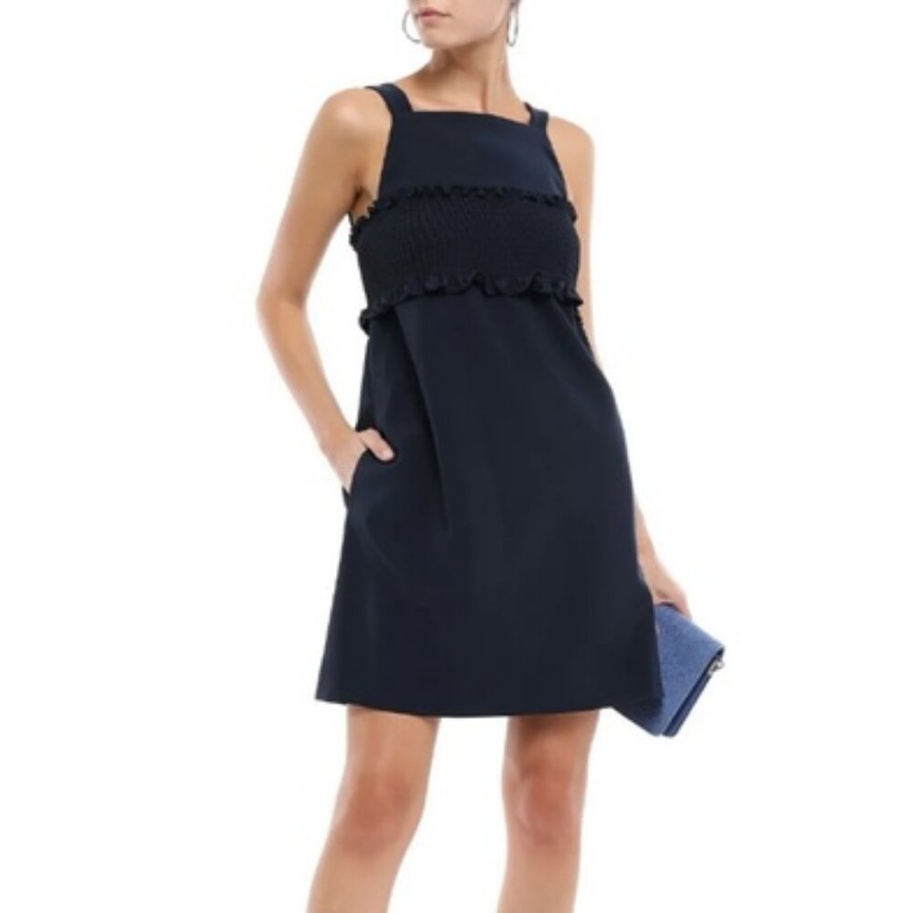 Anthropologie Tibi Ruffle Trimmed Cady Mini Dress Ruched Corset Pinafore Pockets - Picture 4 of 13